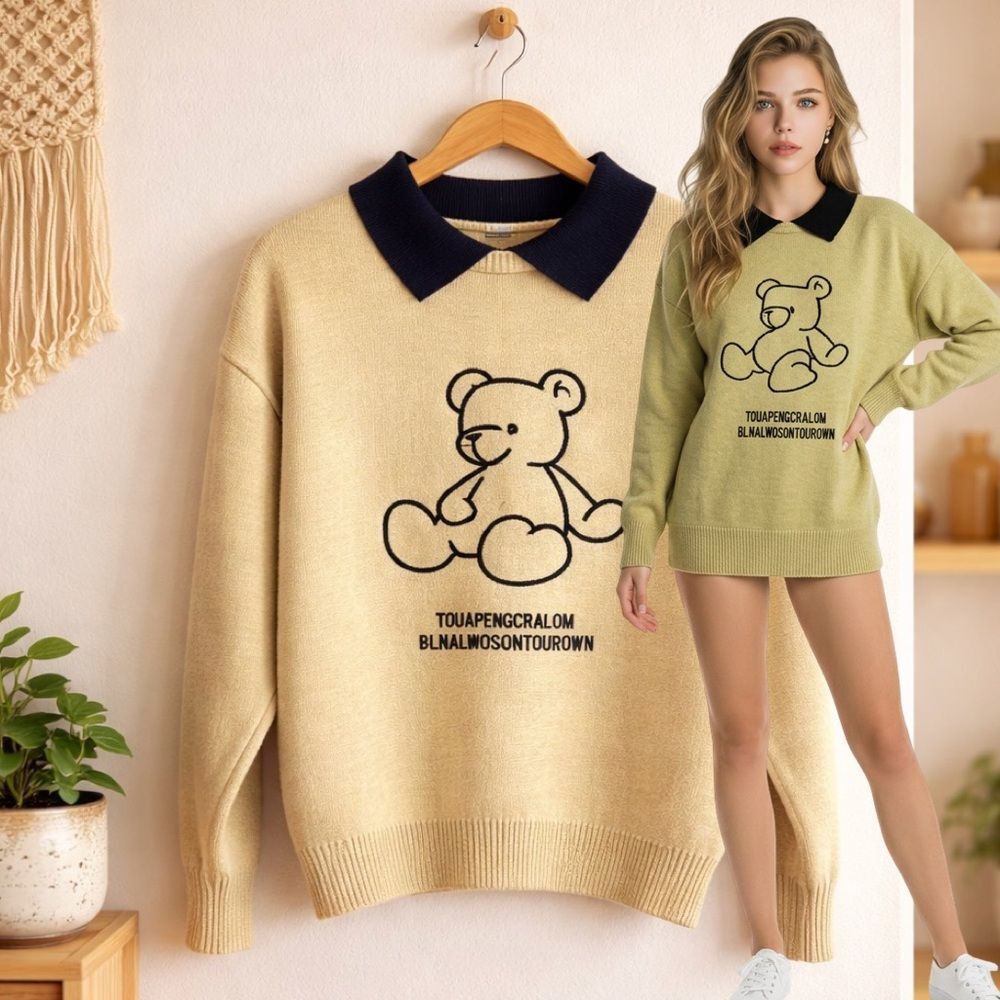🛍️ Women’s Vintage 90s Teddy Bear Collared Knit Sweater Size LARGE
